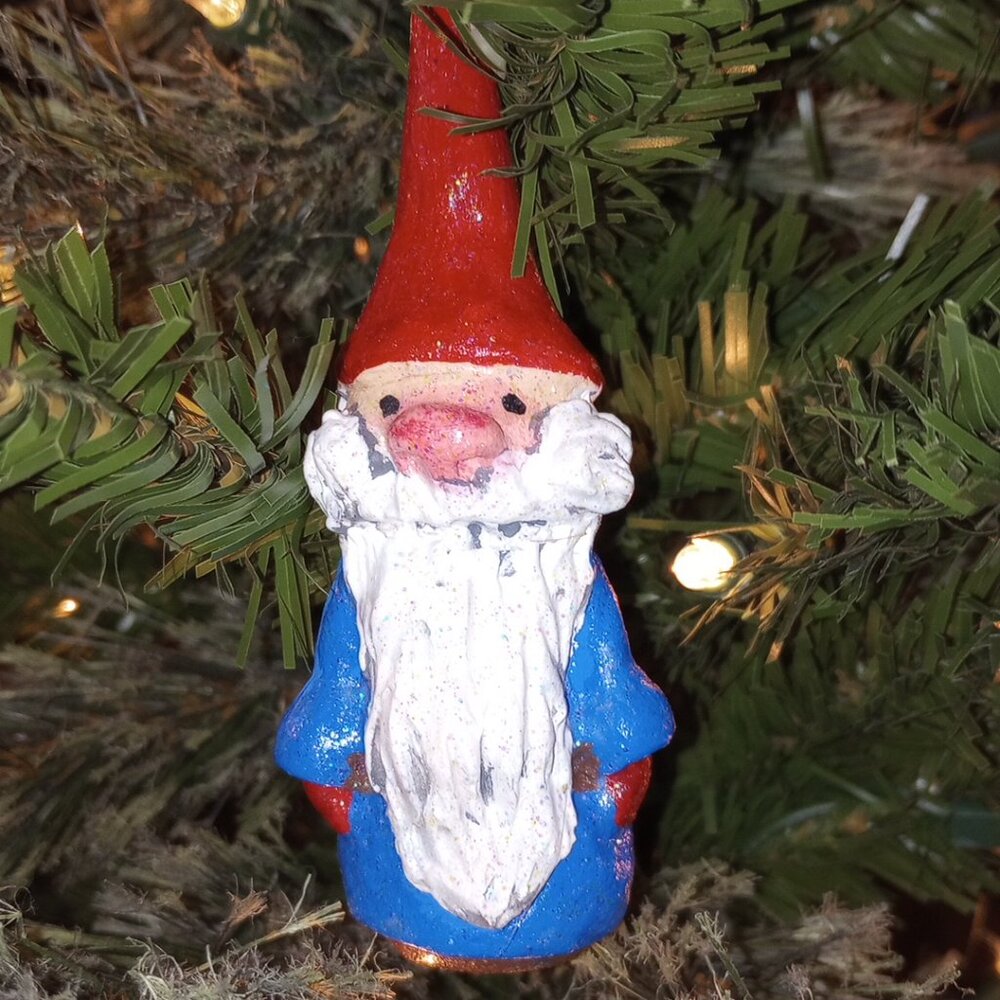 Handmade Gnome Ornament Red & Blue Hat – OOAK Folk Art Christmas Tree Pendant